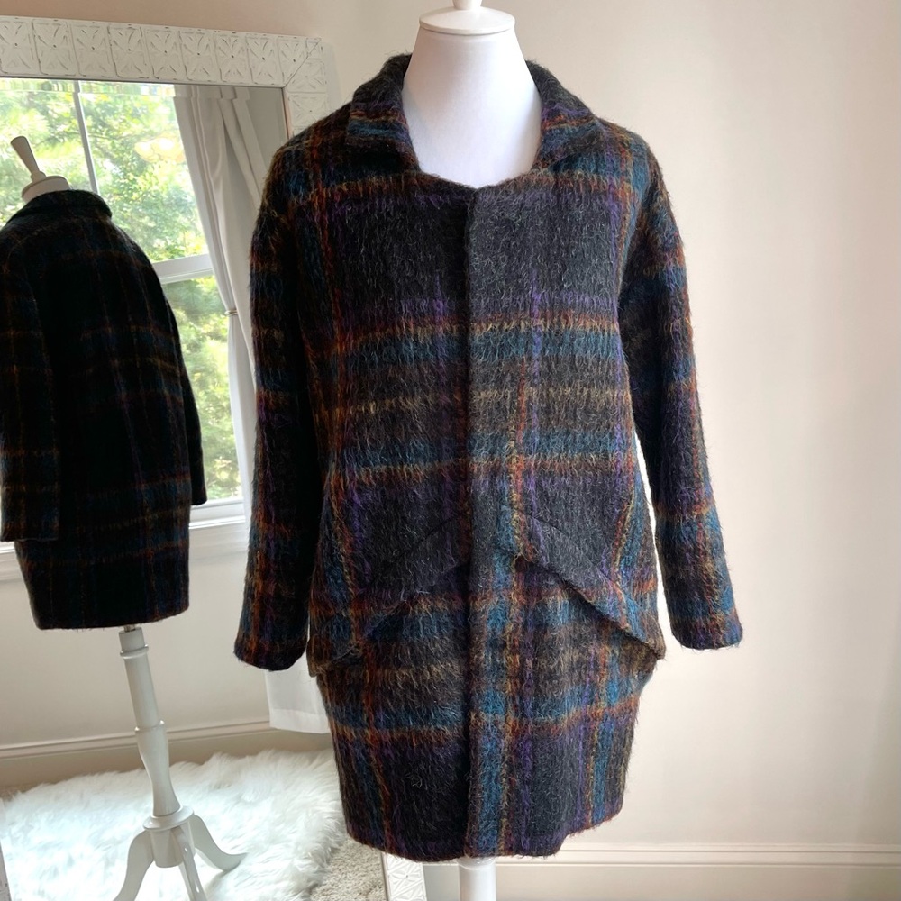 New Fuzzy Mohair Plaid Charcoal Gray Long Jacket / Coat